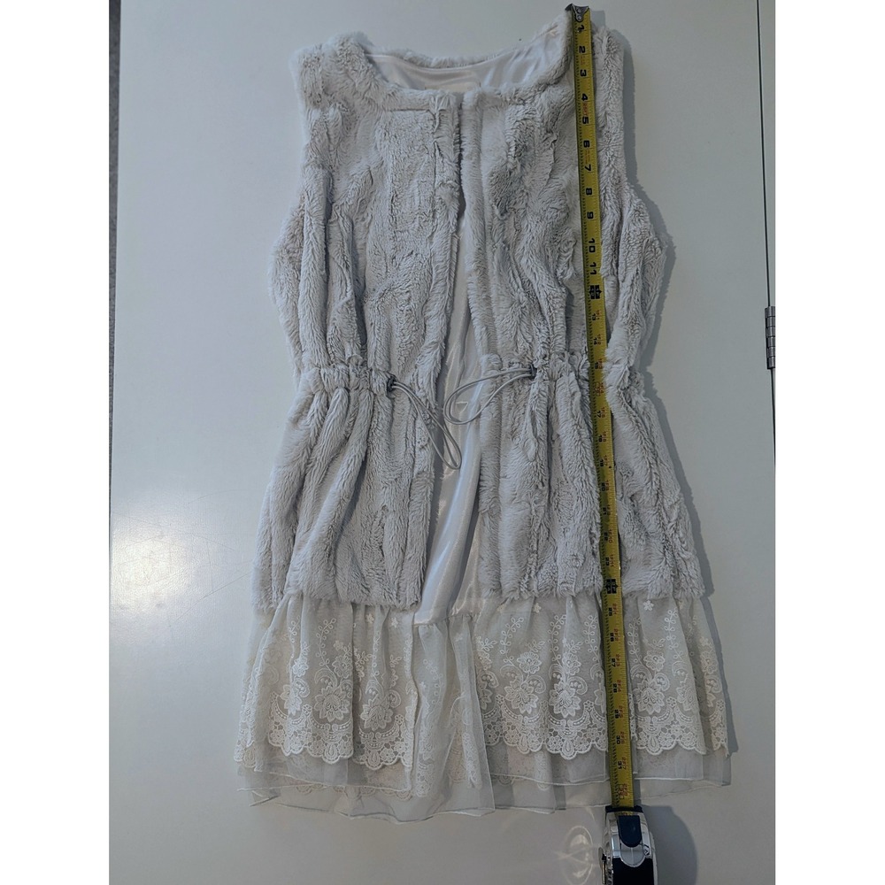 Altar'd State Faux Fur Lace Trim Vest Cream Medium Drawstring Waist Open Front - Picture 7 of 8